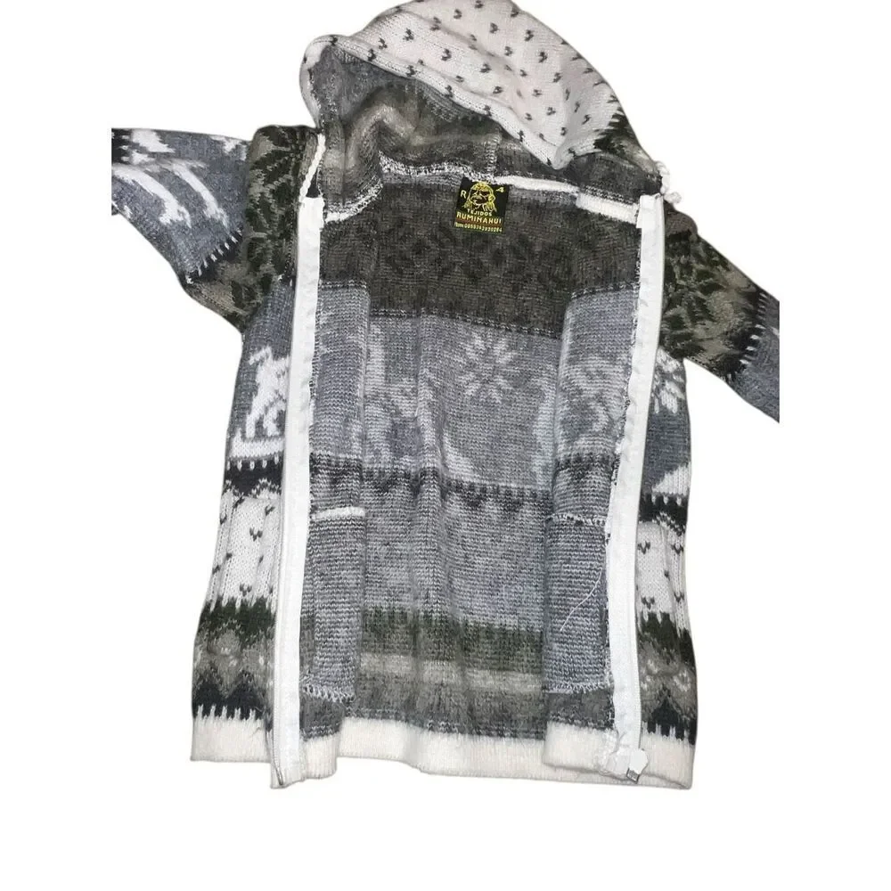 Tejidos Ruminahui Gray White Alpaca wool Hoodie Zip Jacket Kids Size 4 warm